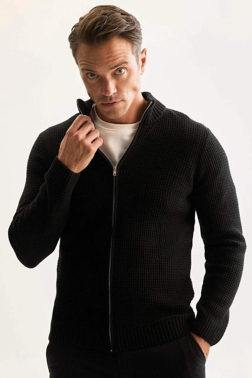 DeFacto Standard Fit Waffle Knit Half Turtleneck Zip Cardigan Product Image