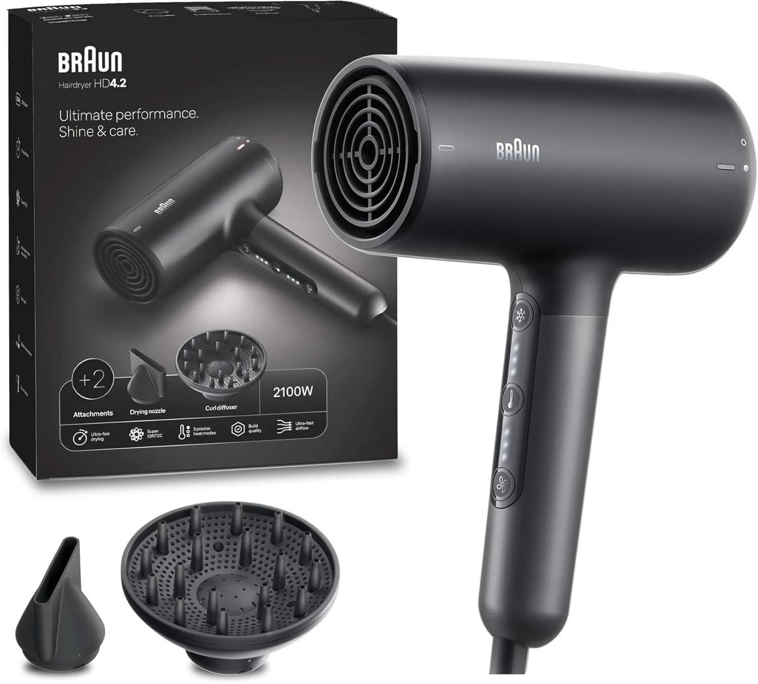 Braun HD4.2 IONTEC Hair Dryer with Diffuser, 2 Attachments, 2100W (BRHD425E)