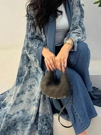 Casual Abaya with Waist Tie and Split Bell Sleeves – Printed, open front, suitable for daily wear and parties, Dubai-style Islamic fashion