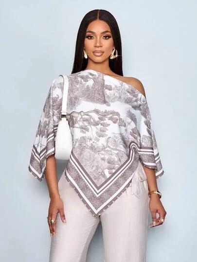 SOLERSUN قميص نسائي أنيق وكاجوال للخريف والشتاء، بطبعة المشمش، بياقة غير متماثلة، أكمام طويلة، حافة غير متماثلة، كتف مائل، أكمام منقسمة فضفاضة، طبعة غروب الشمس العتيقة، أكمام خفافيش، وصول جديد متعدد الاستخدامات، ملابس الخريف والشتاء، للارتداء اليومي والخروج