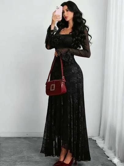 فستان أنيق للنساء بياقة مربعة مزخرف بالورود والدانتيل الفرنسي الرومانسي الجذاب، بأكمام مكشكشة طبقتين وذيل غير متماثل، مناسب للمواعيد والعطلات والارتداء اليومي