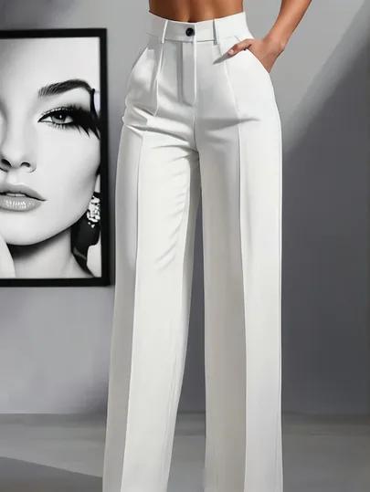 Women's High Waist Wide Leg White Trousers Product Image