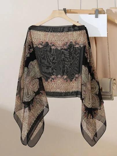 قطعة واحدة شيفون خفيف مطبوع بطراز نباتي عتيق، أزرار لؤلؤية فضفاض من الموضة،كساء، غطاء رأس، حماية من الشمس، مناسب للسفر والاستخدام اليومي كإكسسوار للسيداترمضان