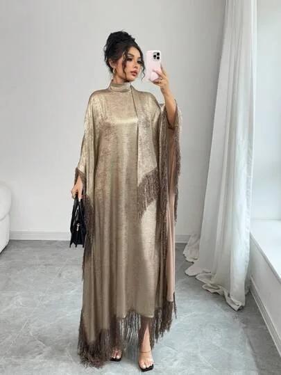 Rafferiza Elegant Wide Neck Dress with Frayed Hem