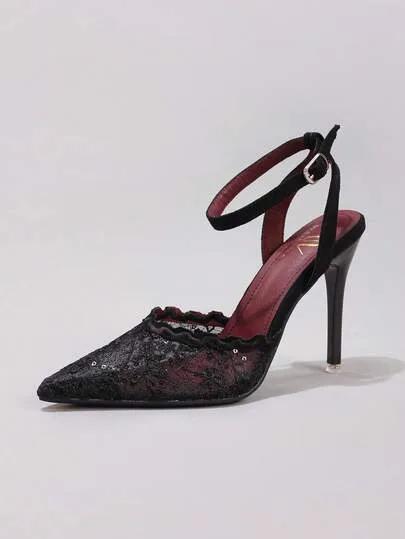 أحذية كعب عالي مطرزة بالدانتيل عصرية، أحذية سهرة ذات كعب عالي جدًا وأصبع قدم مدبب جذاب، صنادل كعب رفيع باللون الأسود للنساء، كعب بوردوني