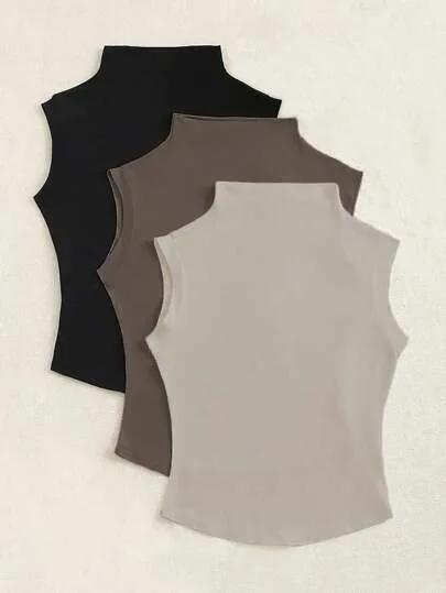 Sweetra 3 حبات ملابس علوية قطنية صلبة رقبة مضلعة مناسبة لفصل الصيف