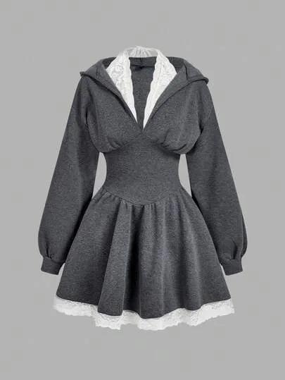 SHEIN MOD فستان نسائي بأكمام طويلة مزين بتصميم الخصر بالتباين اللوني والدانتيل