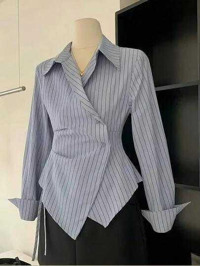 Women's Casual Striped Button-Up Shirt Asymmetric Hem Product Image