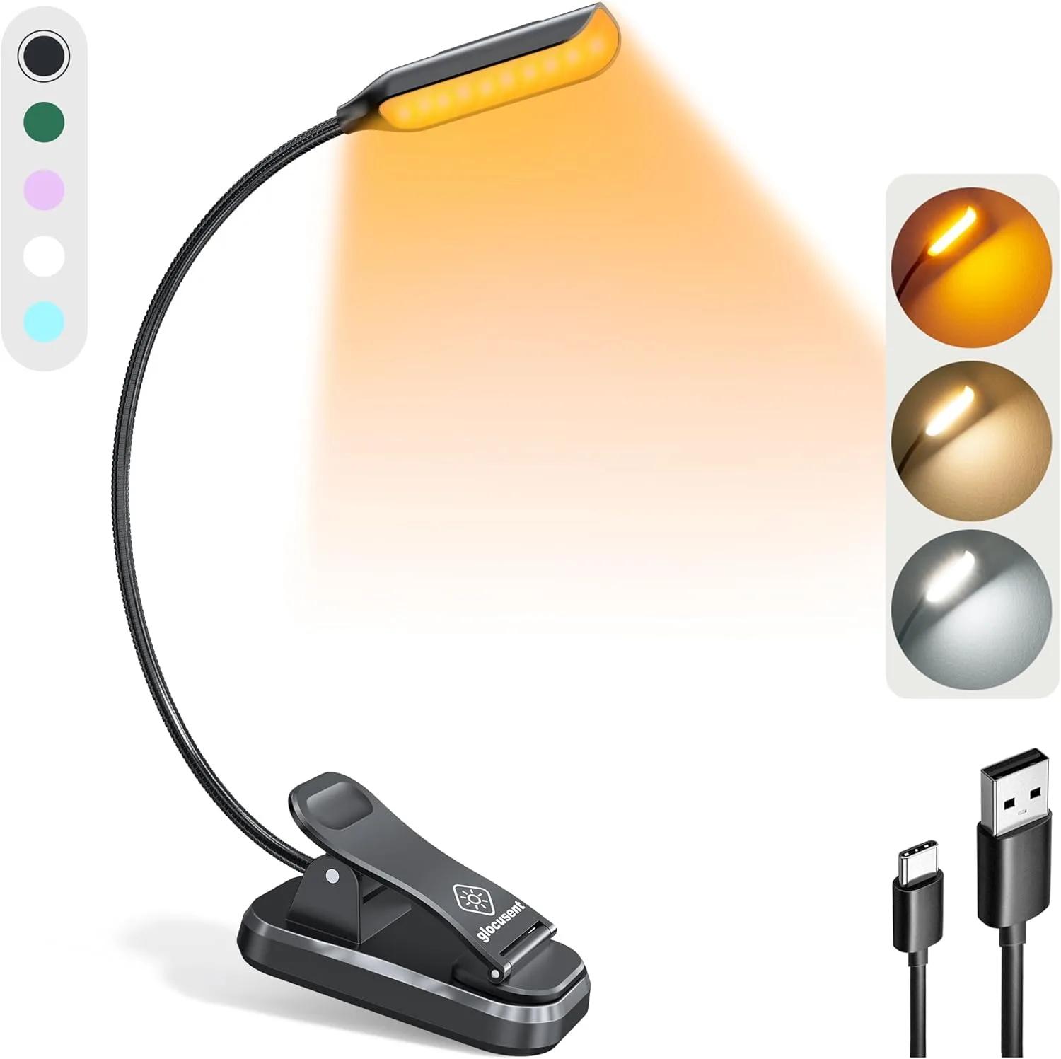 Glocusent Willow Rechargeable Book Light for Reading in Bed, 10 Bright LEDs, 3 Colours & 3 Brightness Levels